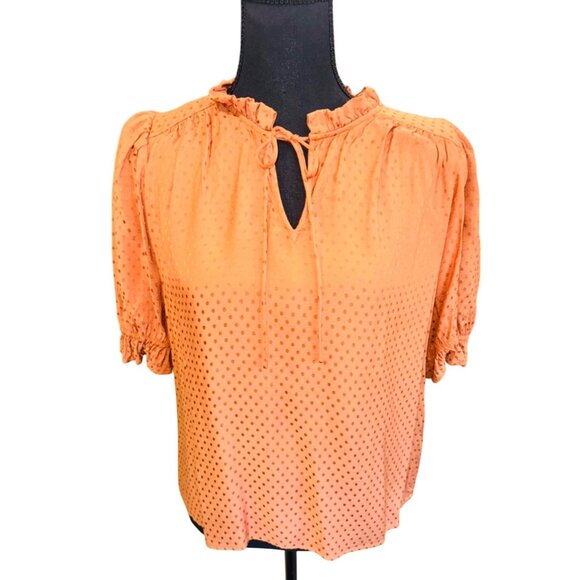 Draper James RSVP Orange Polka Dot Blouse Tie Neck Smocked Sleeves L Office SIre - Picture 3 of 13